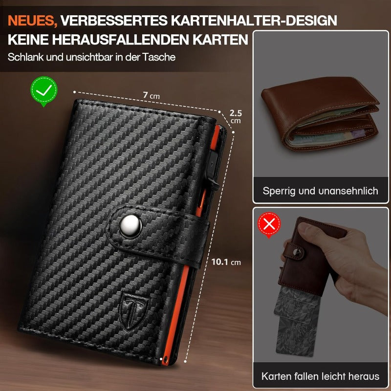 Men’s Slim RFID Wallet – Pop-Up Card Holder, 10-Slot Credit Card Case with Coin Pocket & Window, Carbon Fiber Money Clip (Black, 10.5×8.5×2.8cm)