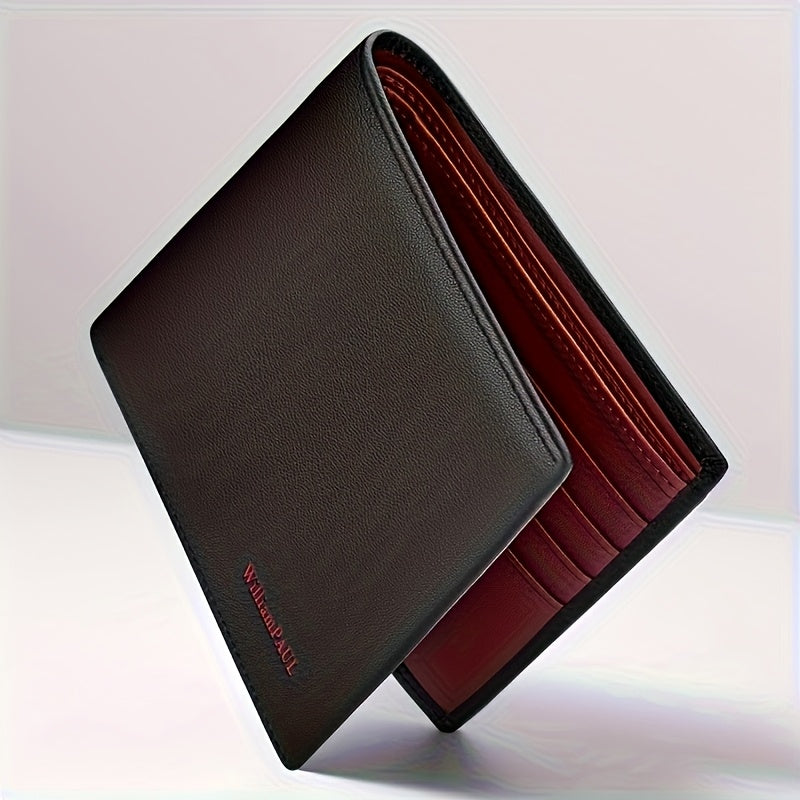 Customizable Men’s Genuine Leather Wallet – Minimalist Design with Red Stitching, Multi-Card & ID Holder