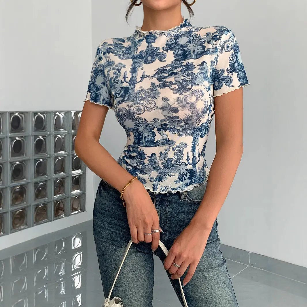 Fashion Elegant Mesh Floral Print Top For Women - Honesty Sales