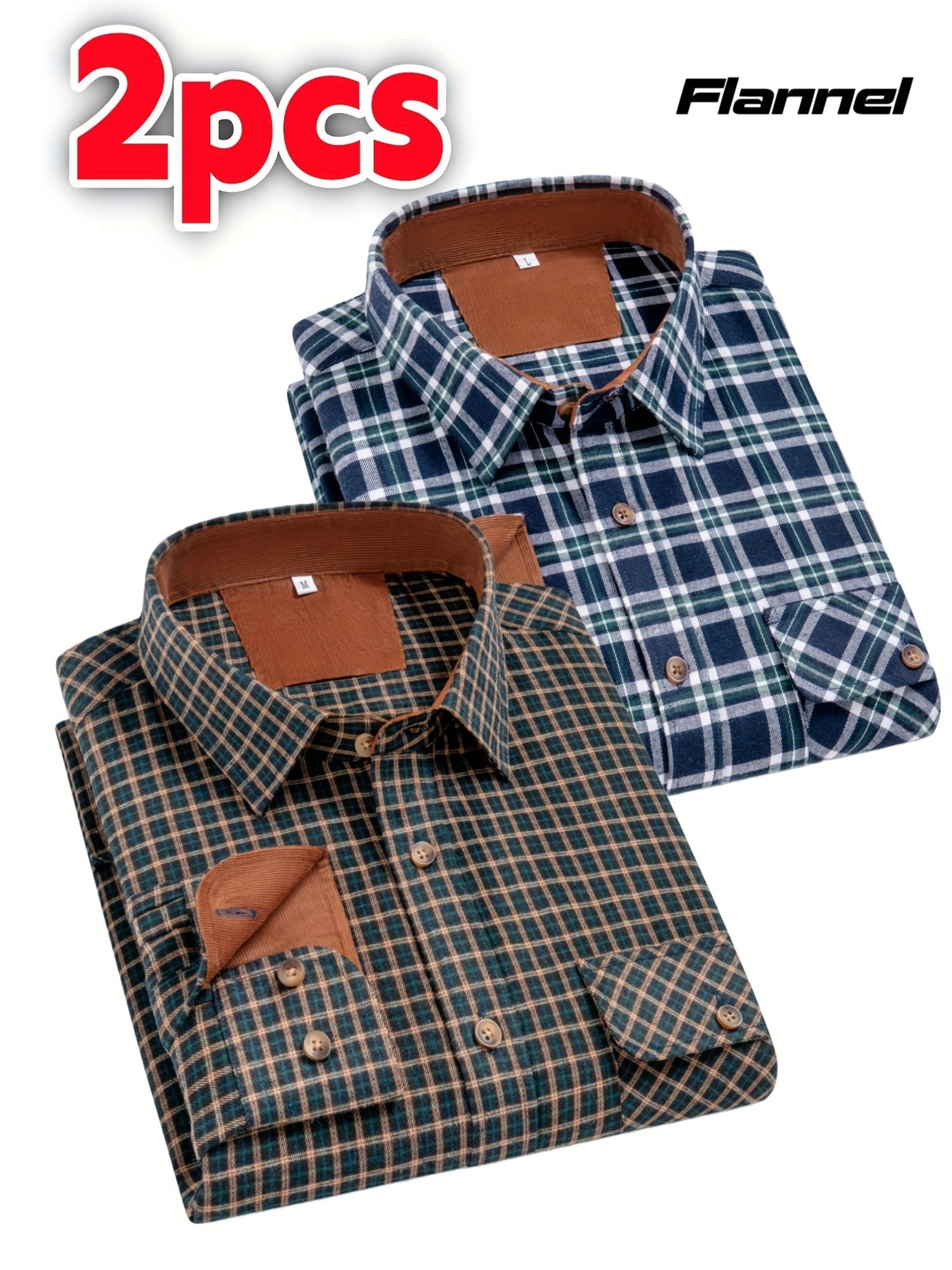 2-Pack Men’s Flannel Brushed Plaid Shirts – Long Sleeve, Thick Casual Autumn/Winter Wear Image principale du produit