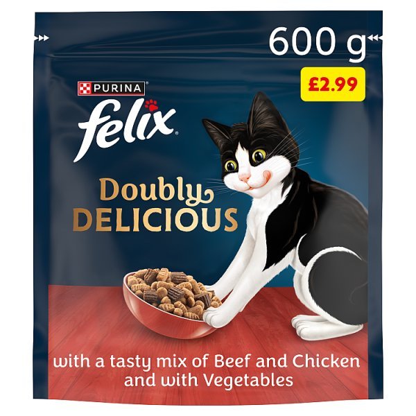 FELIX Doubly Delicious Beef, Chicken & Veg Dry Cat Food 600g PMP (4 x 600g) - Honesty Sales