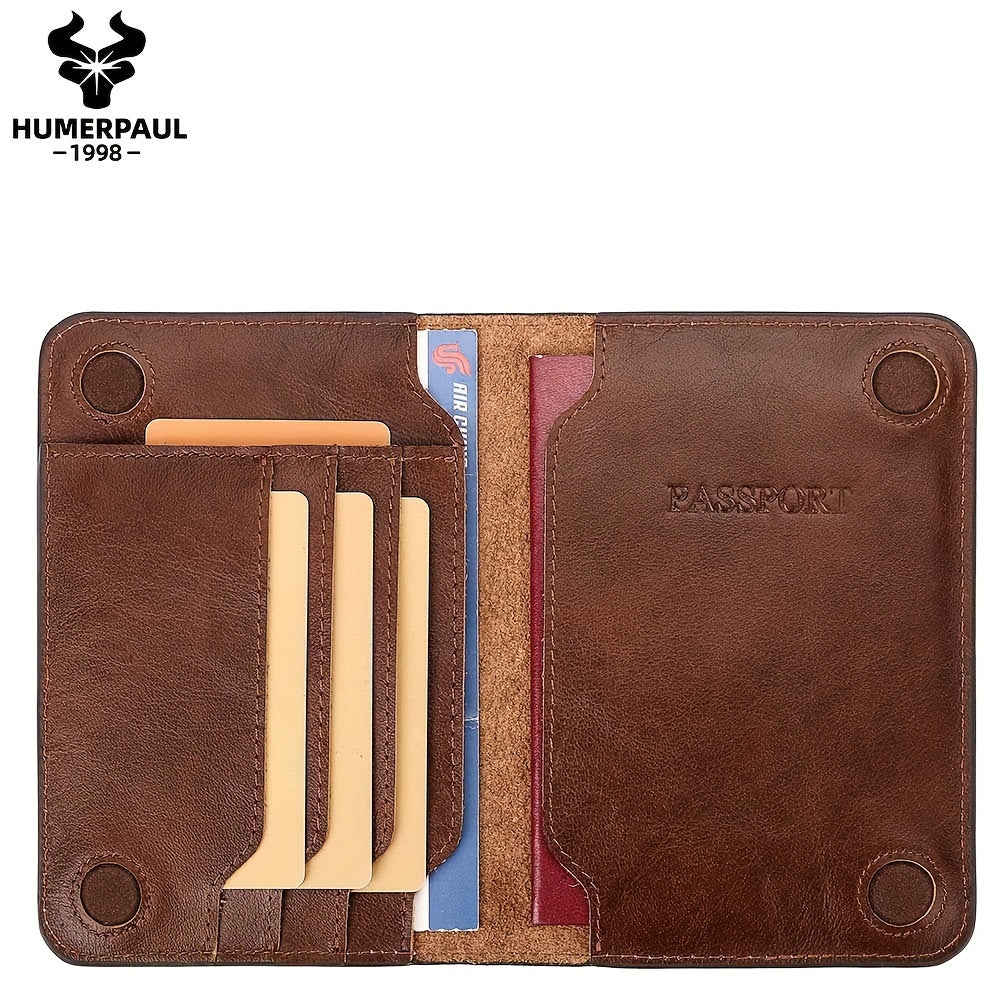 HUMERPAUL Men’s RFID Blocking Leather Passport Holder & Wallet – Slim Travel Organizer with Credit Card & Vaccine ID Pockets (Coffee/Brown, Full-Grain Cowhide)