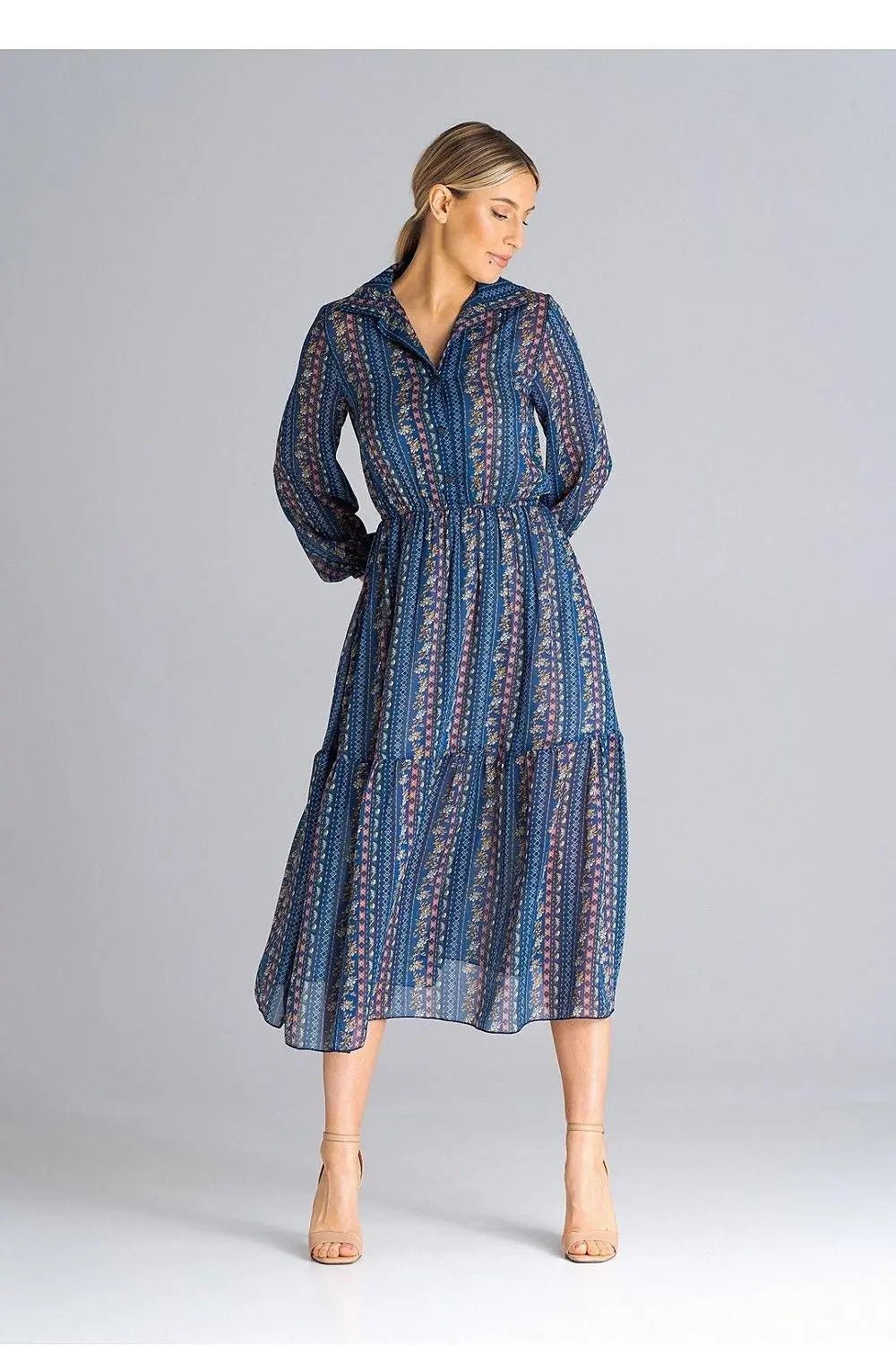 Figl midi length, flared, lined dress - Honesty Sales