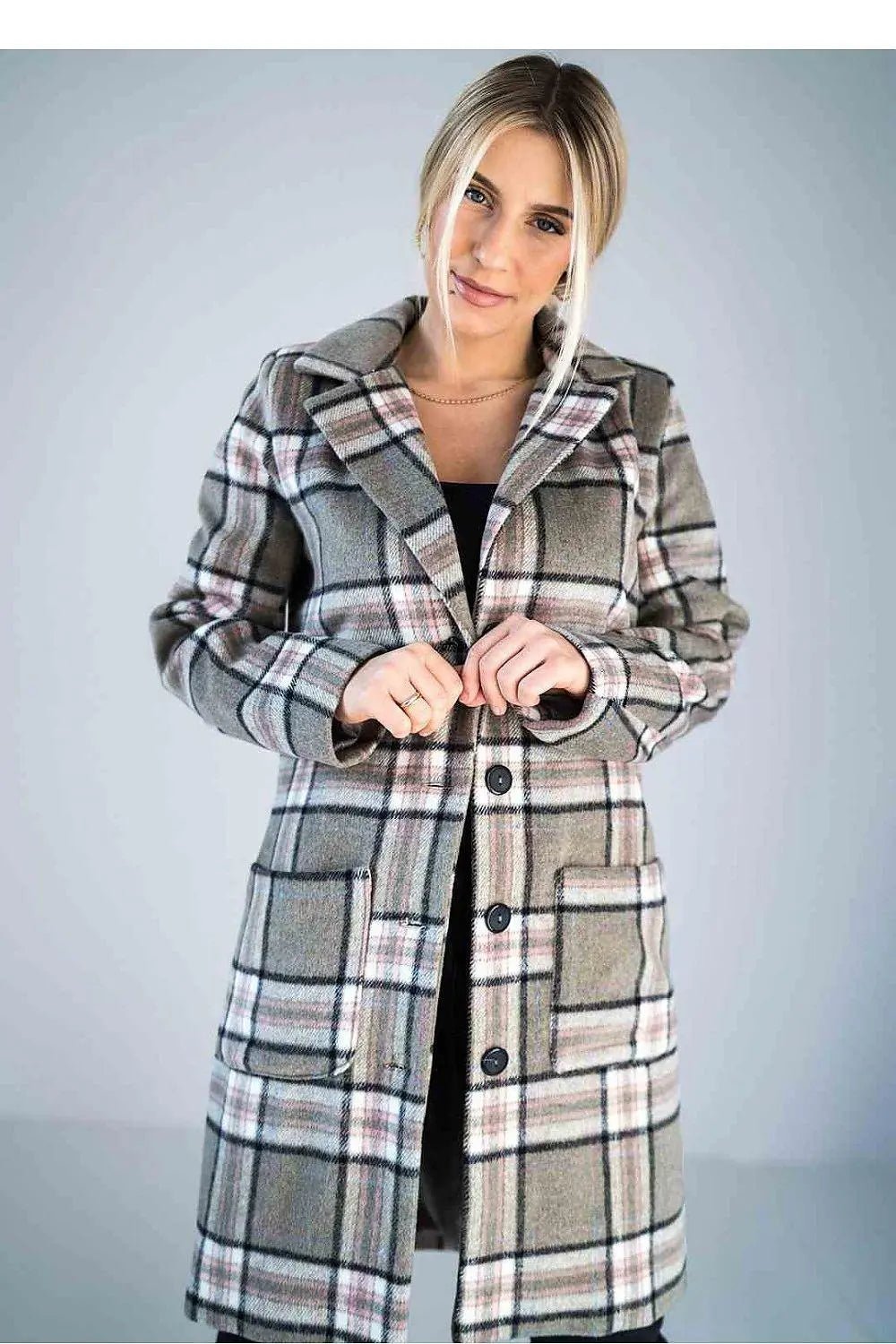 Figl simple knee-length checked coat - Honesty Sales