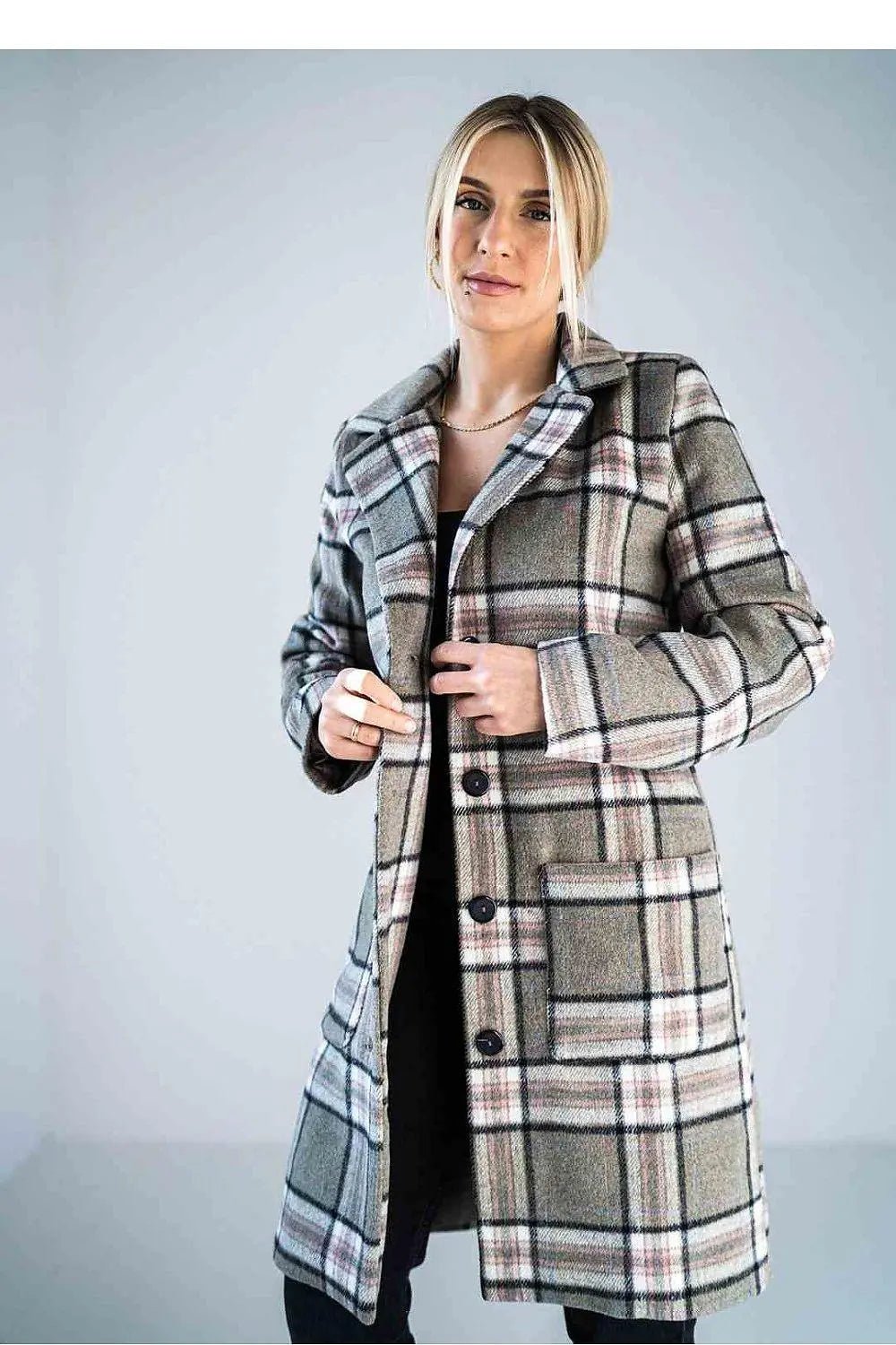 Figl simple knee-length checked coat - Honesty Sales