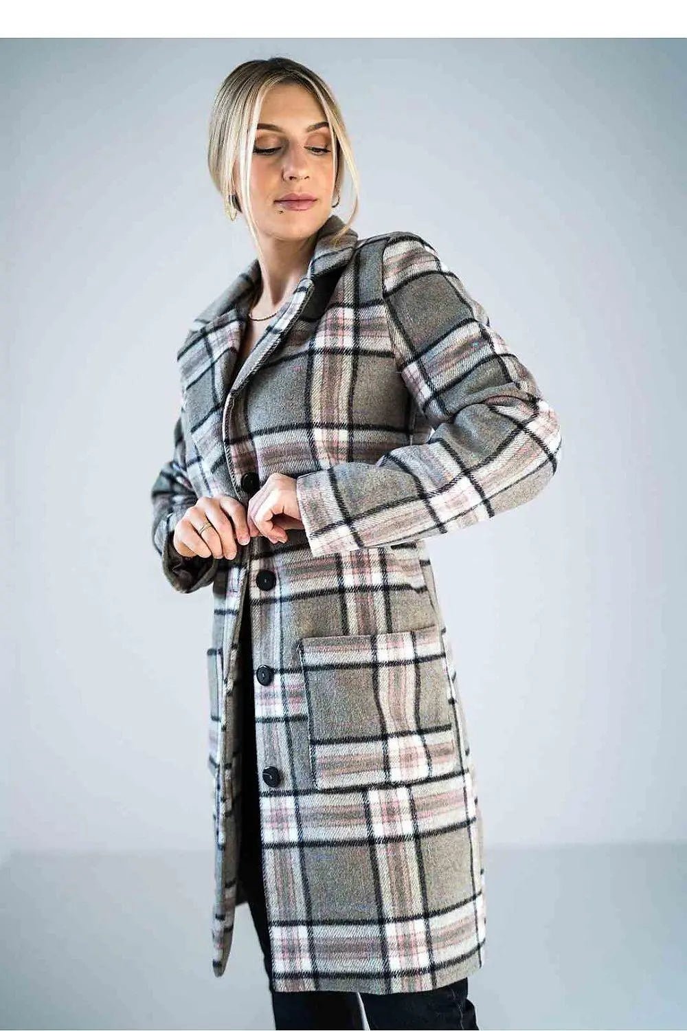 Figl simple knee-length checked coat - Honesty Sales