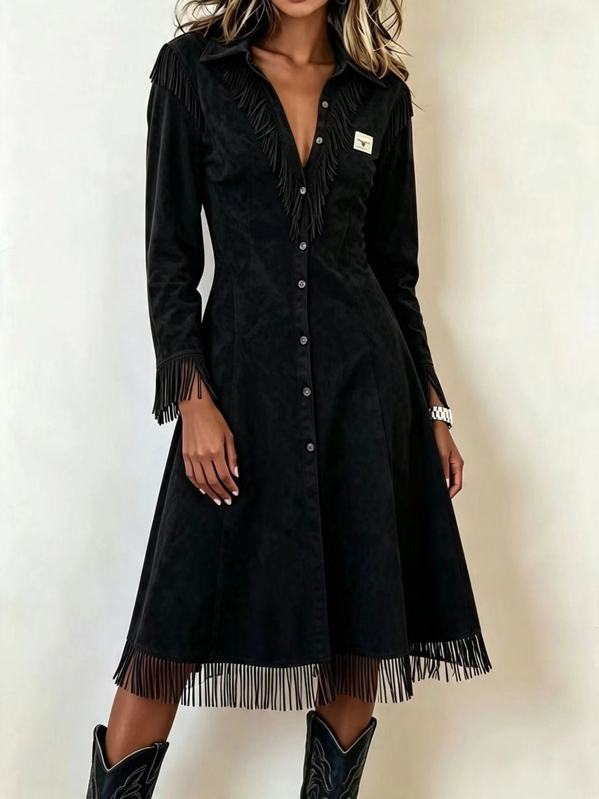 Fringed Slim-fit Long-sleeve V-neck Shirt Dress - Honesty Sales