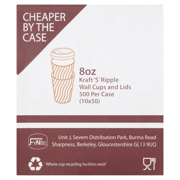FyNite 8oz Kraft S Ripple Wall Cups and Lids 500 Per Case (10 x 50) (10 x 50pk) - Honesty Sales