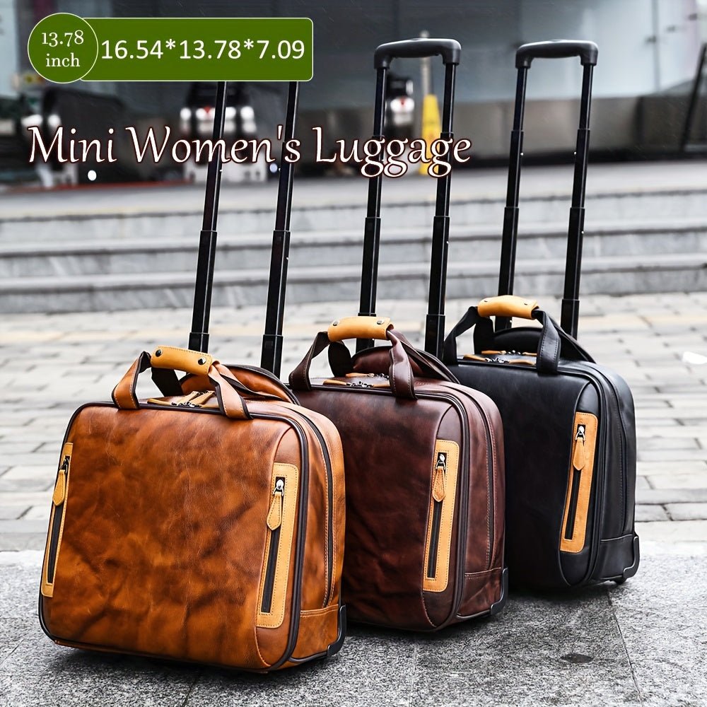 Genuine Leather Mini Carry - On Luggage – 13” Portable Makeup Case with Wheels, Lock & Top Handle - Honesty Sales