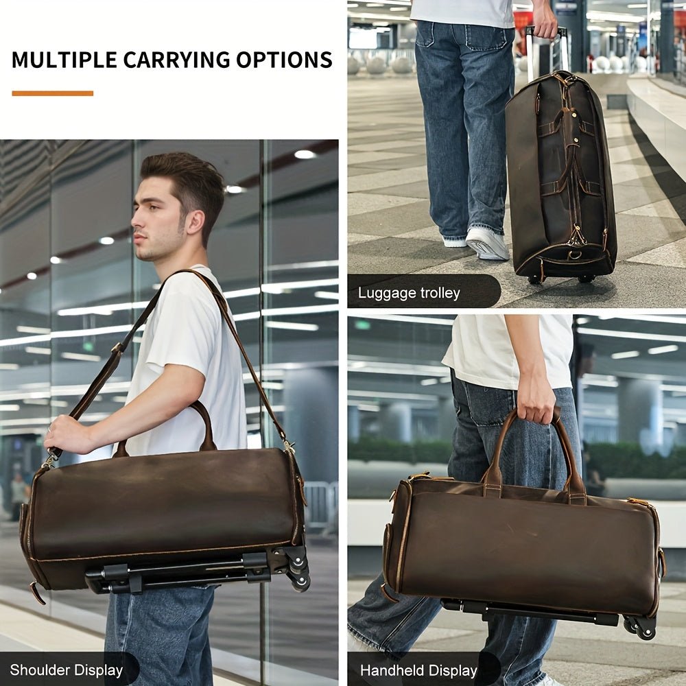 Genuine Leather Wheeled Travel Bag – Large - Capacity Trolley Luggage with Shoe Compartment & Detachable Strap - Honesty Sales