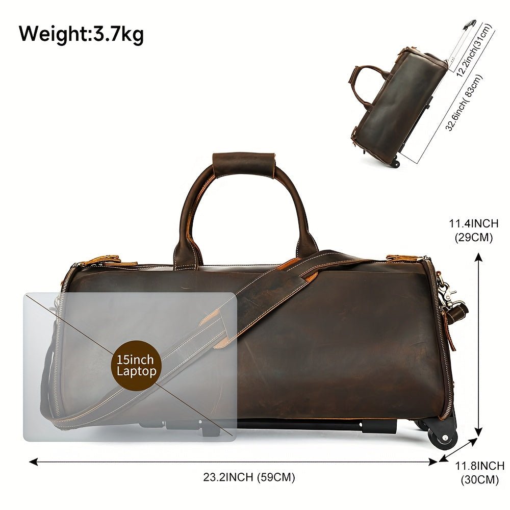 Genuine Leather Wheeled Travel Bag – Large - Capacity Trolley Luggage with Shoe Compartment & Detachable Strap - Honesty Sales