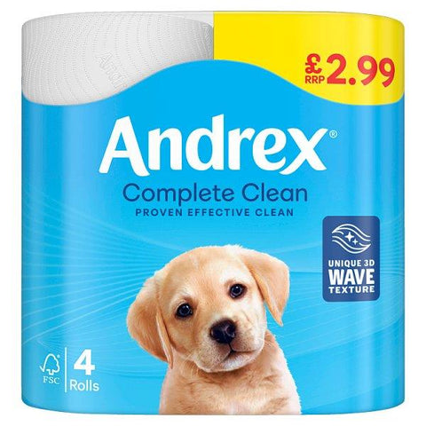 Andrex Complete Clean Toilet Tissues 4 Rolls PMP £2.99 (Case of 6) - Honesty Sales U.K