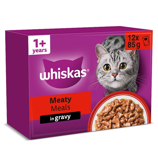 WHISKAS 1+ MEATY Meals Wet Cat Food Pouches in Gravy 12 x 85g (Case of 4) - Honesty Sales