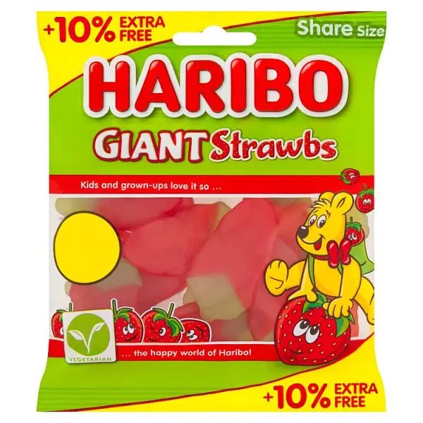 HARIBO Giant Strawbs Strawberry Flavour Chewy Jelly Sweets Sharing Bag 154g (Case of 12) - Honesty Sales