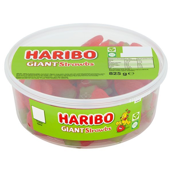 HARIBO Giant Strawbs Strawberry Flavour Chewy Jelly Sweets Tub 825g (6 x 75pc) - Honesty Sales