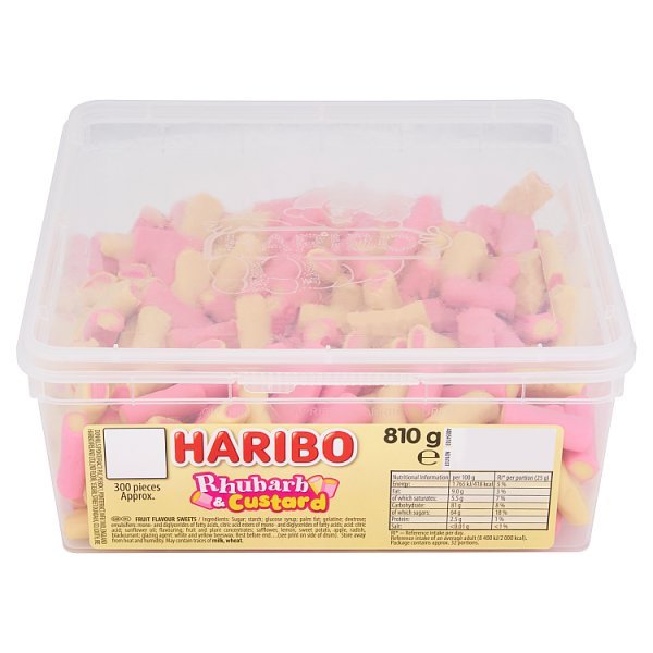 HARIBO Rhubarb & Custard Chewy Sweets Tub 810g (1 x 300s) - Honesty Sales