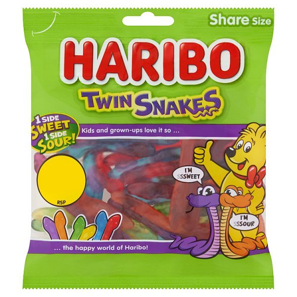 HARIBO Twin Snakes Fruit Flavour Gum Jelly Sweets Sharing Bag 140g (12 x 140g) - Honesty Sales