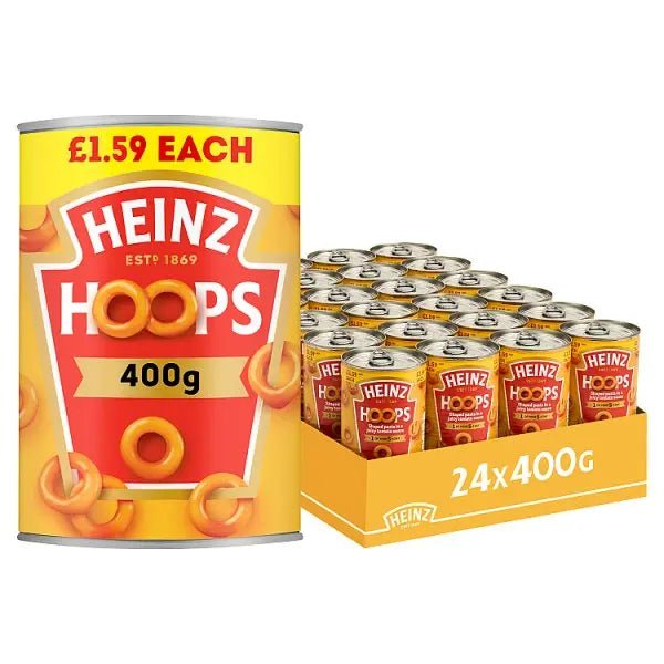 Heinz Hoops Shaped Pasta in Tomato Sauce PMP 400g (Case of 24) - Honesty Sales