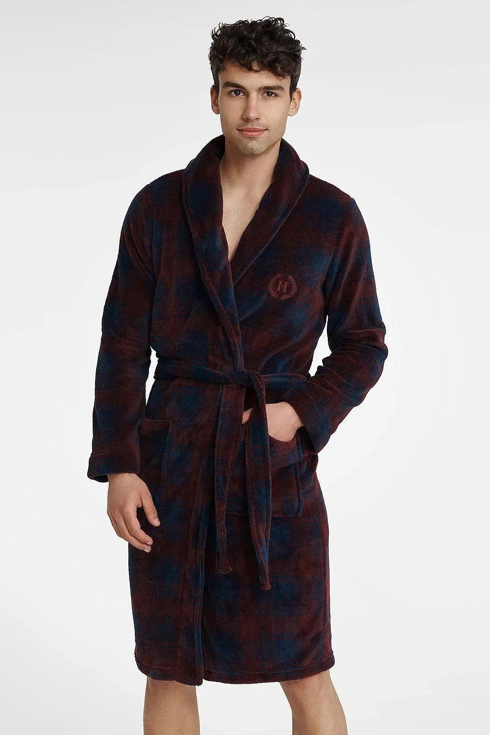 Henderson burgundy and navy blue men's bathrobe - Honesty Sales