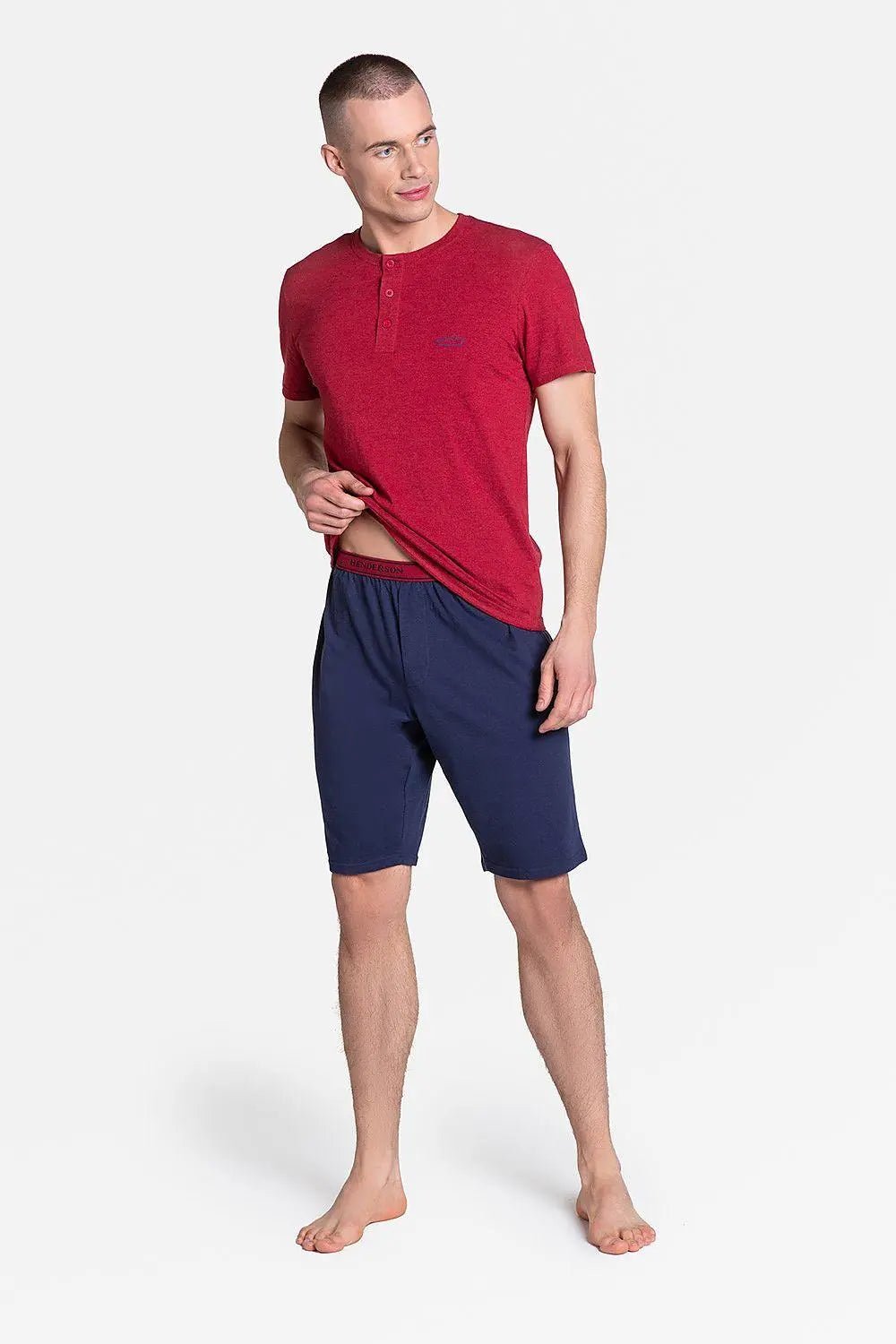 Henderson red and navy blue neck shirt and knee-length pants men's pajamas - Honesty Sales