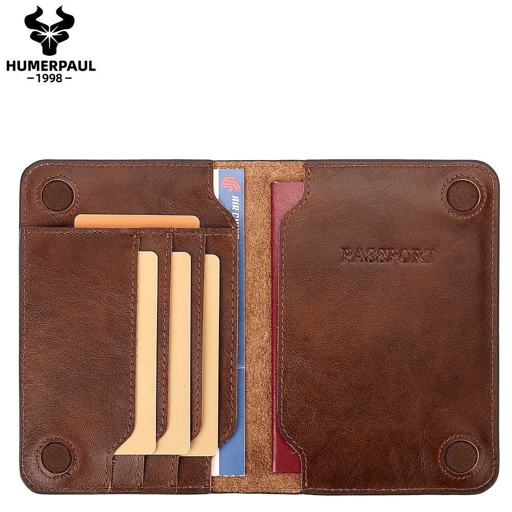 HUMERPAUL Men’s RFID Blocking Leather Passport Holder & Wallet – Slim Travel Organizer with Credit Card & Vaccine ID Pockets (Coffee/Brown, Full - Grain Cowhide) - Honesty Sales