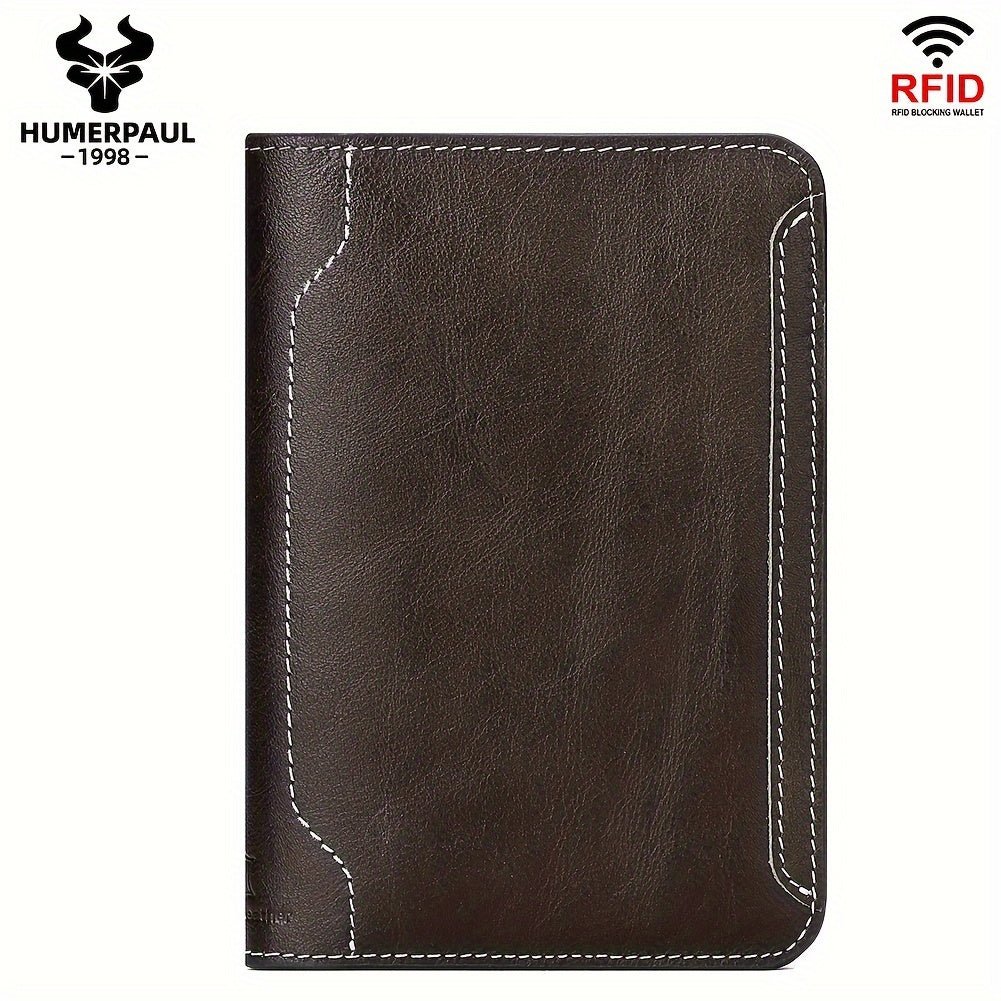 HUMERPAUL Men’s RFID Blocking Leather Passport Holder & Wallet – Slim Travel Organizer with Credit Card & Vaccine ID Pockets (Coffee/Brown, Full - Grain Cowhide) - Honesty Sales