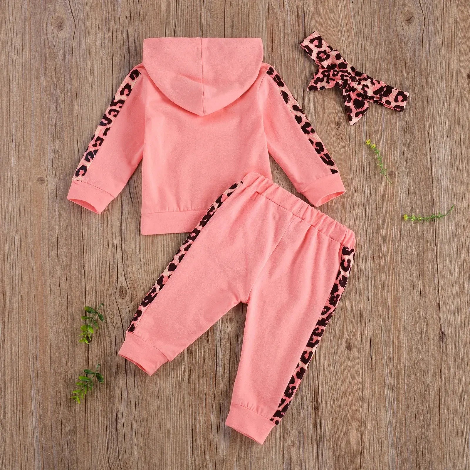 Infant Baby Girl 3 - Piece Outfit Set - Hooded T-shirt, Long Pants, and Headband - Letter Print, Leopard Stitching - Spring/Fall Clothes - Honesty Sales