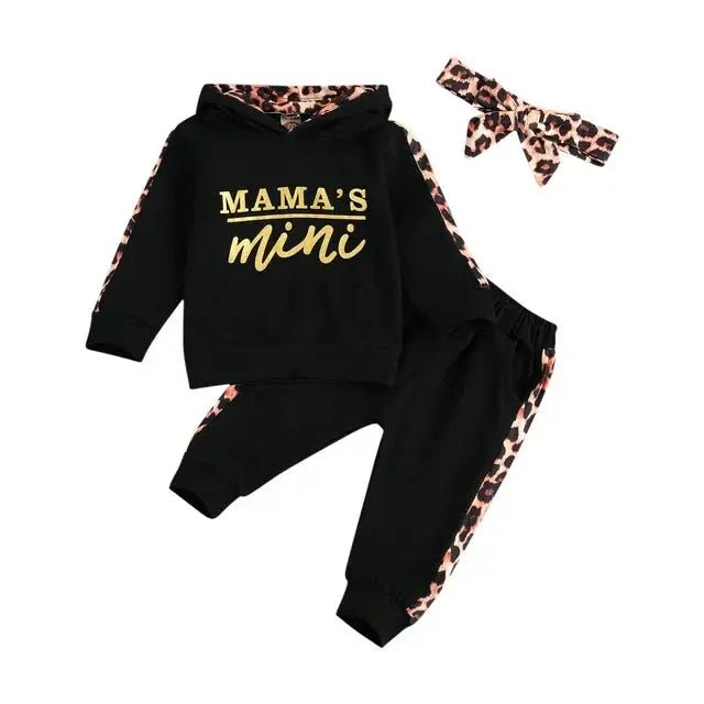 Infant Baby Girl 3 - Piece Outfit Set - Hooded T-shirt, Long Pants, and Headband - Letter Print, Leopard Stitching - Spring/Fall Clothes - Honesty Sales