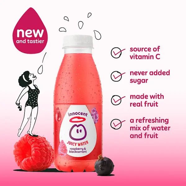 innocent Juicy Water Raspberry & Blackcurrant 420ml (Case of 12) - Honesty Sales