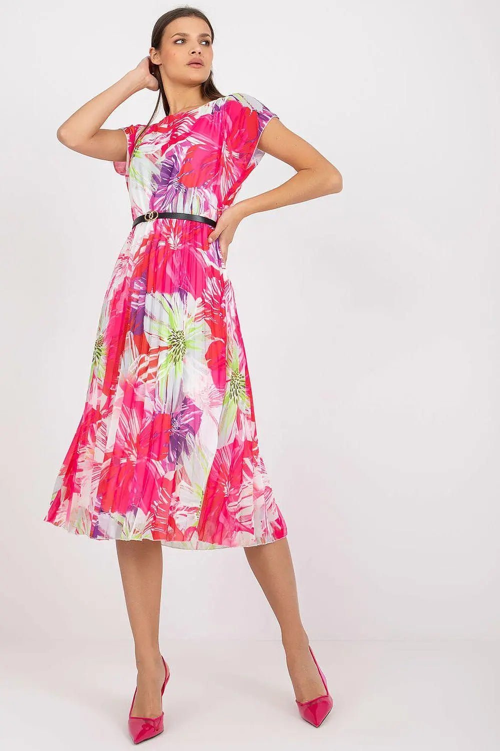 Italy Moda summer dress with short sleeves, round neckline, flared bottom - Honesty Sales