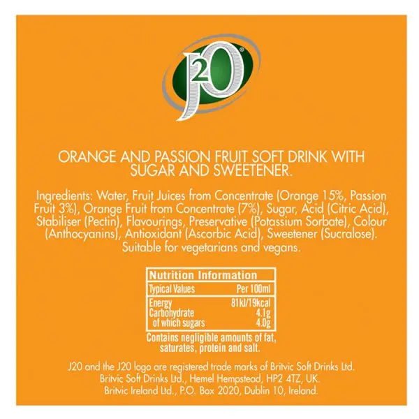 J2O Orange & Passion Fruit Bottle 275ml (Case of 12) - Honesty Sales