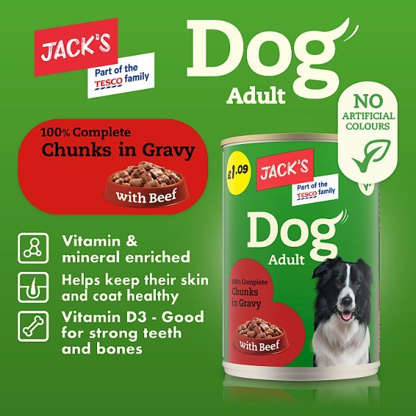Jack's Adult Dog 100% Complete Chunks in Gravy with Beef 415g (Case of 12) - Honesty Sales