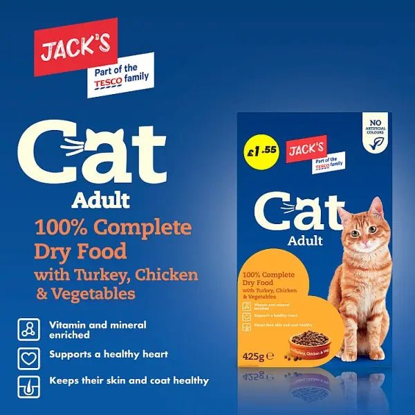Jack's Cat Adult 100% Complete Dry Food with Turkey, Chicken & Vegetables 425g (Case of 8) - Honesty Sales