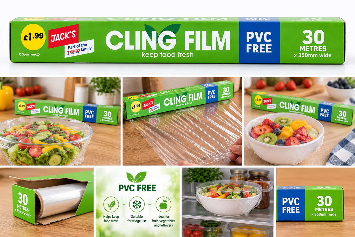 Jack's PVC-free cling film kitchen lifestyle and use collage