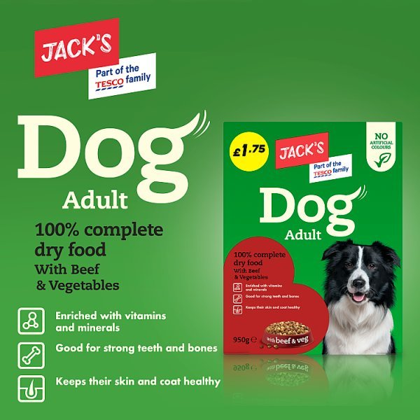 Jack's Dog Adult 100% Complete Dry Food with Beef & Vegetables 950g (Case of 5) - Honesty Sales
