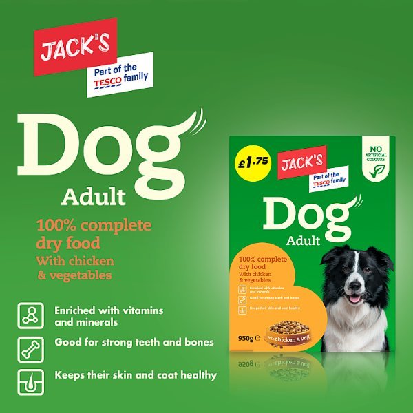 Jack's Dog Adult 100% Complete Dry Food with Chicken & Veg 950g (Case of 5) - Honesty Sales