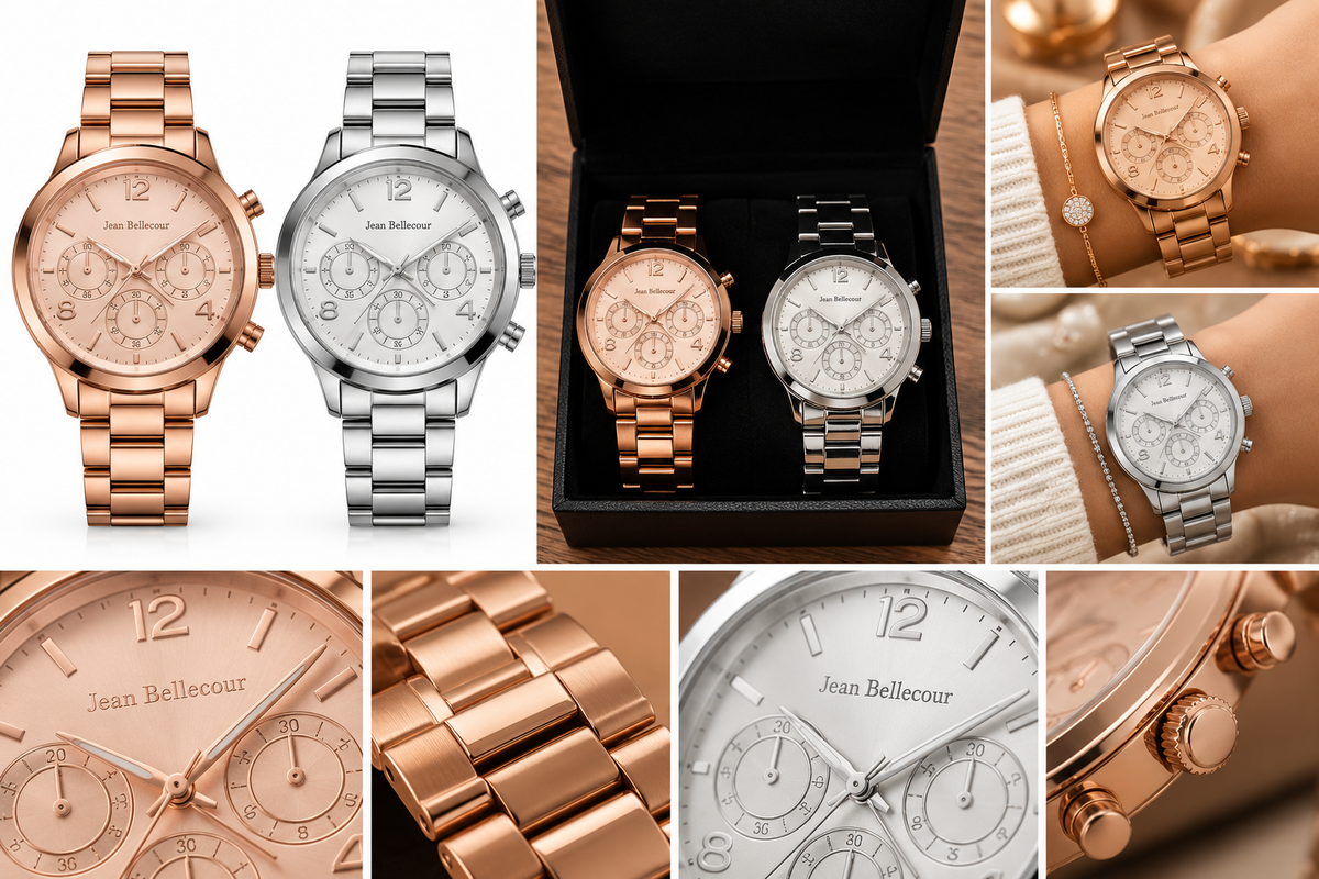 Jean Bellecour rose-gold and silver watches studio and lifestyle collage (both watches shown)
