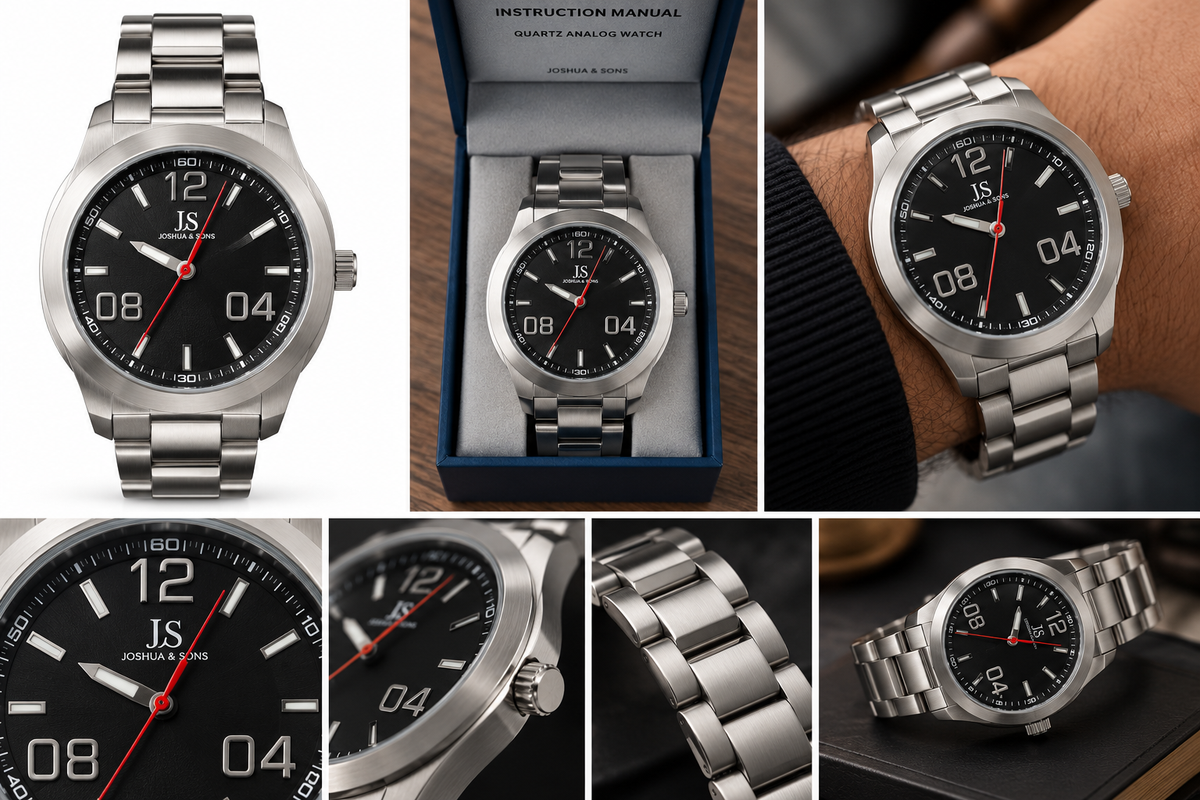 Illustrative Joshua & Sons silver bracelet black dial watch studio and lifestyle collage; see original photograph for exact details