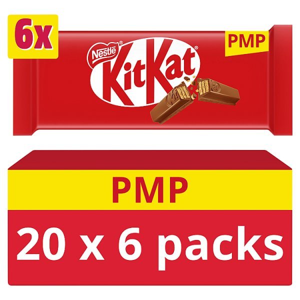 KitKat 2 Finger Milk Chocolate Biscuit Bar 6 Pack Multipack 124.2g (20 x 6pk) - Honesty Sales