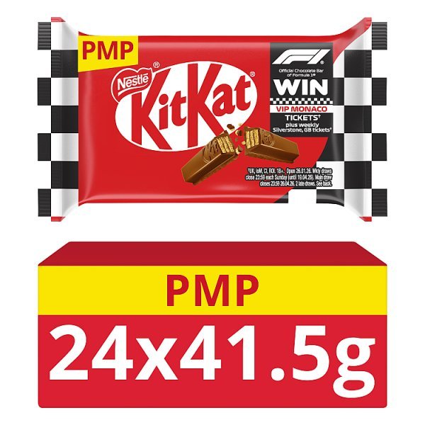 KitKat F1 4 Finger Milk Chocolate Biscuit Bar 41.5g (24 x 41.5g) - Honesty Sales