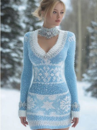 Ladies' Christmas Themed Snowman Snowflake Imitation Knitted Dress - Honesty Sales