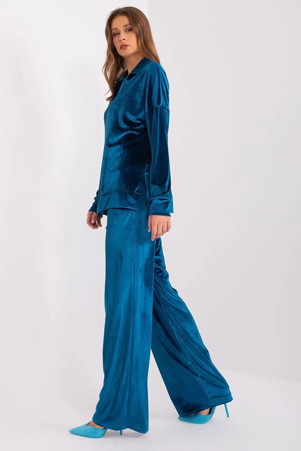 Lakerta stylish velour long-sleeve blouse with pants - Honesty Sales