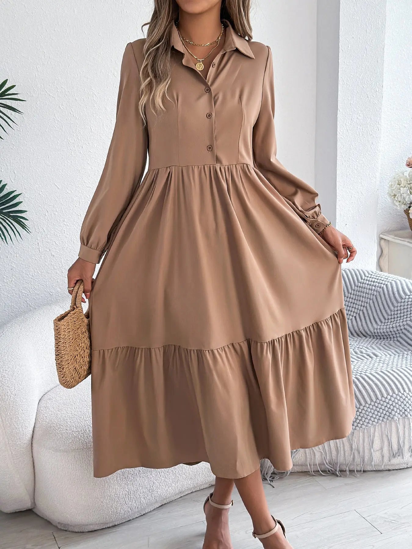 Lapel Casual Loose Long Sleeve Ruffled Shirt Dress - Honesty Sales