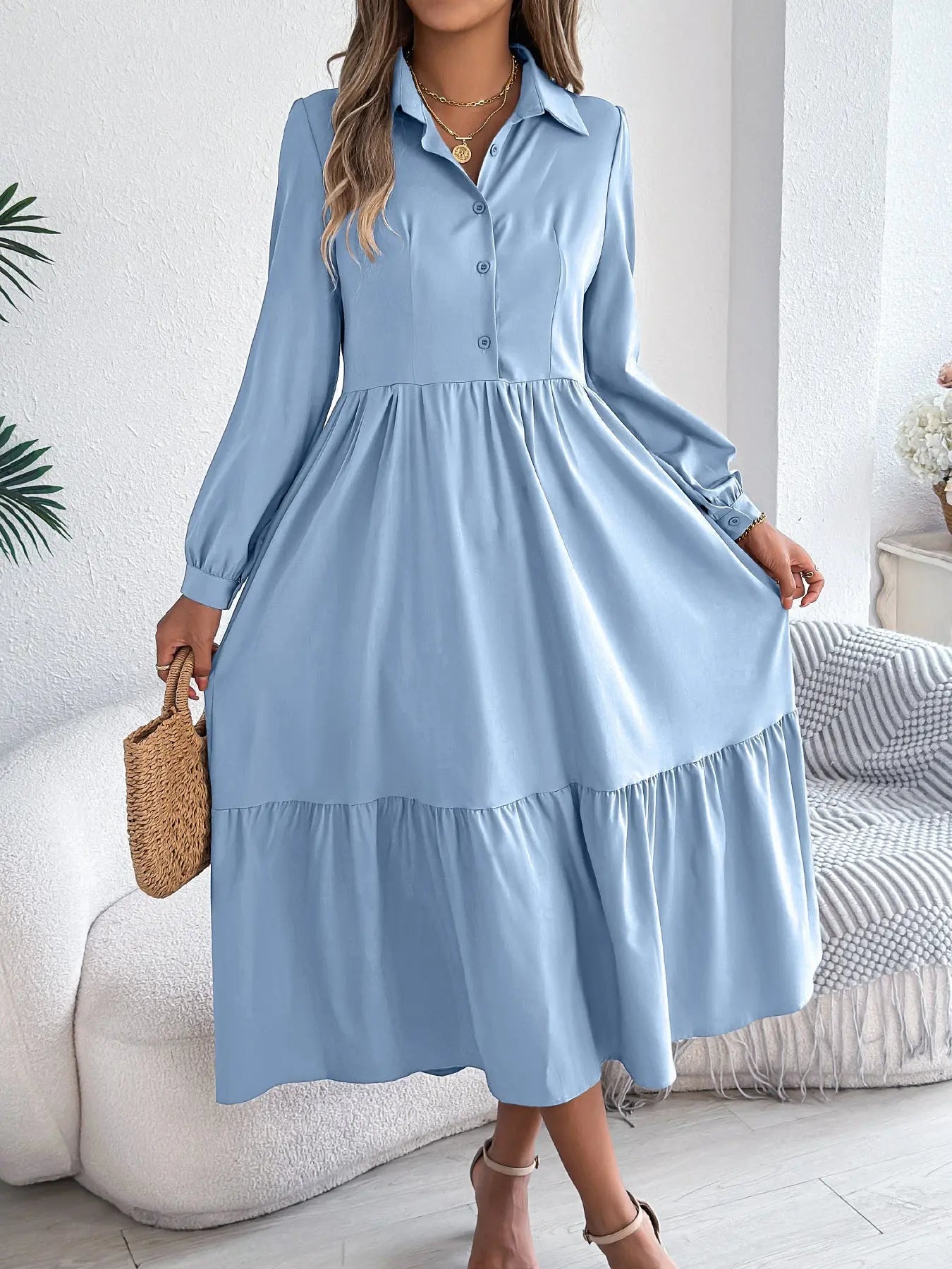 Lapel Casual Loose Long Sleeve Ruffled Shirt Dress - Honesty Sales