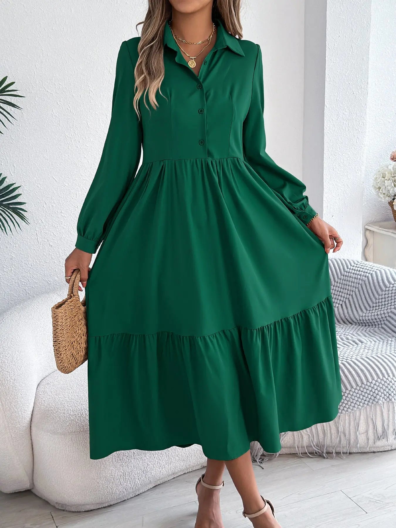 Lapel Casual Loose Long Sleeve Ruffled Shirt Dress - Honesty Sales