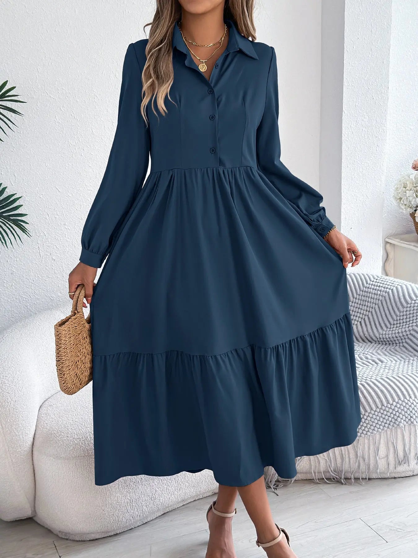 Lapel Casual Loose Long Sleeve Ruffled Shirt Dress - Honesty Sales