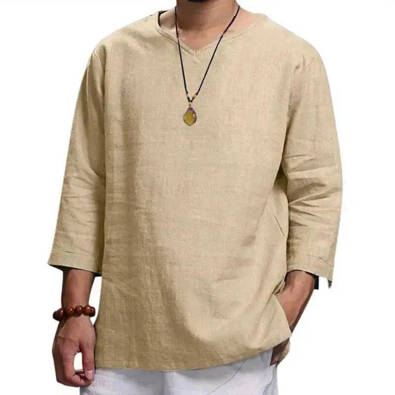 Men's V-Neck T-Shirt - Men's Cotton Linin Breathable Solid Colour Light Blue V-Neck T-Shirt - Honesty Sales