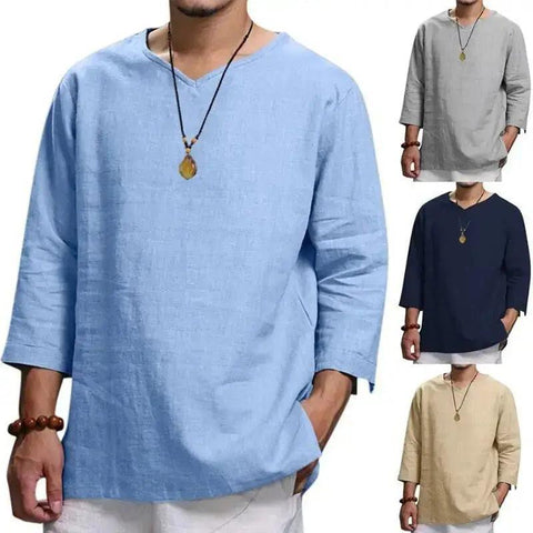 Men's V-Neck T-Shirt - Men's Cotton Linin Breathable Solid Colour Light Blue V-Neck T-Shirt - Honesty Sales U.K