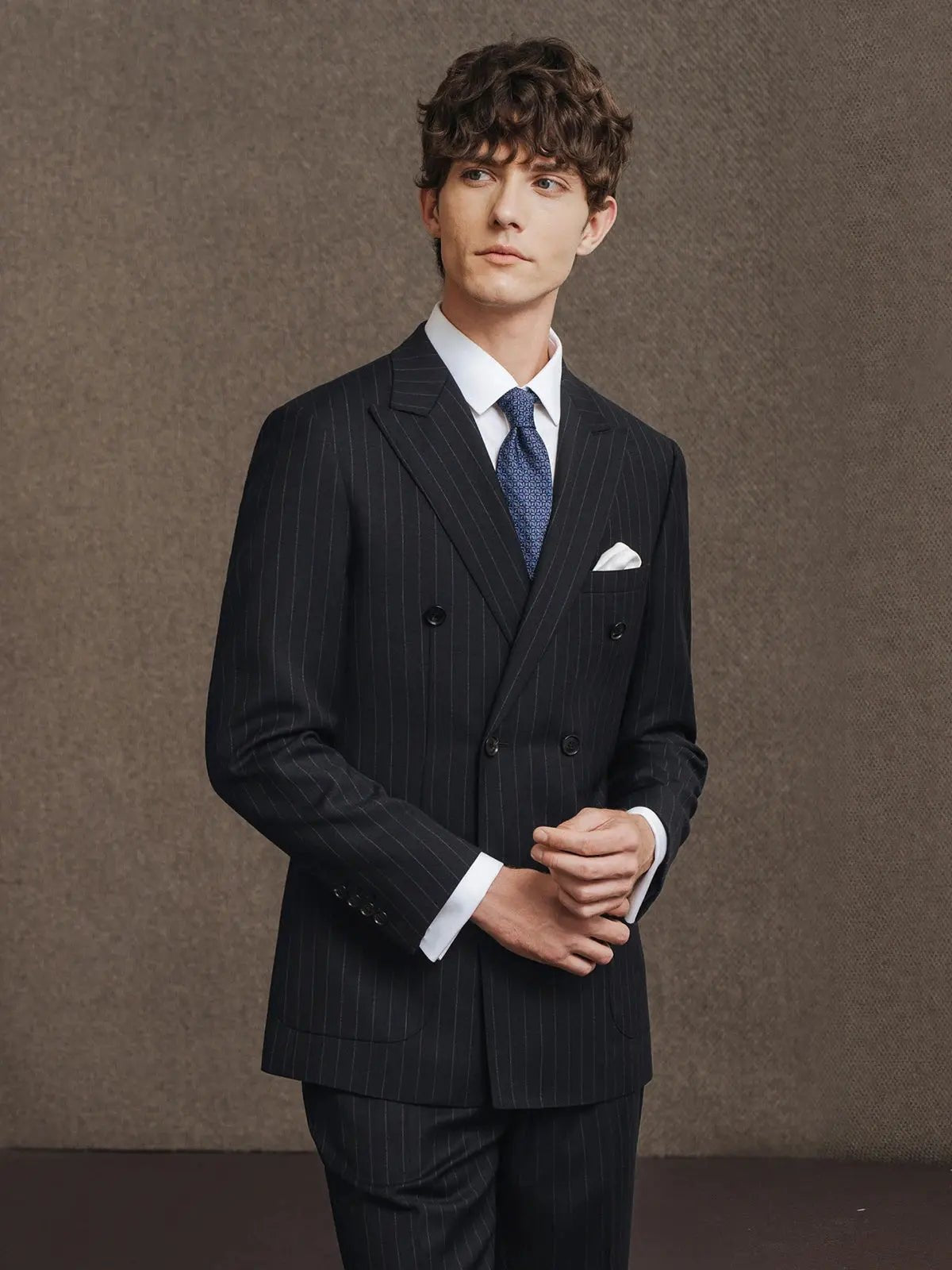 Men’s 100% Wool Blue Striped Double - Breasted Suit – Premium Wedding & Business Formal Wear - Honesty Sales