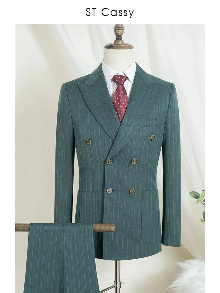Men’s 2 - Piece Double - Breasted Stripe Suit – Green Wedding, Business & Office Wear - Honesty Sales